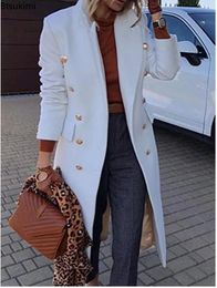 Automne hiver femmes vestes revers laine manteaux solide Double boutonnage dames genou longueur mélanges manteau femmes pardessus 4XL 231228