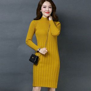 Otoño invierno mujeres vestido de punto casual medio cuello alto suéter es dama delgado bodycon manga larga vestidos de fondo 210526