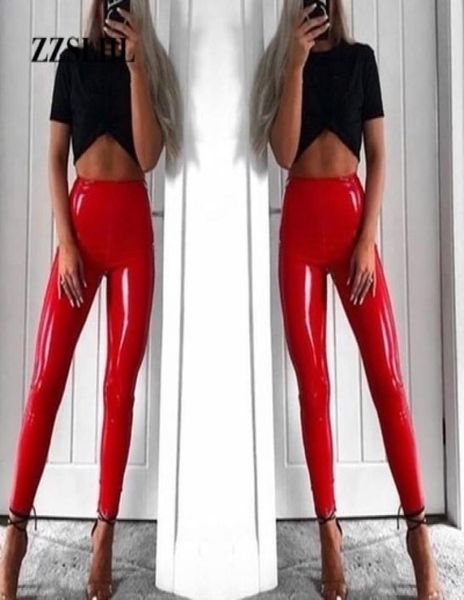 Automne Winter Femmes Legging Skinny Pu Red Leggings en cuir rouge Pantalon de crayon de fitness en cuir mince.