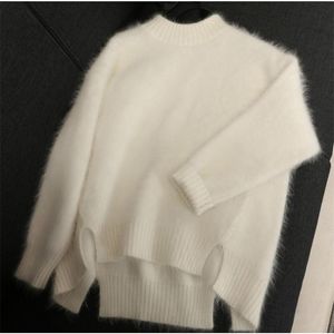 Automne Hiver Femmes Mohair Tricoter Pulls O-Cou Poilu Coréen Doux Rose Blanc Pull Pulls 210421