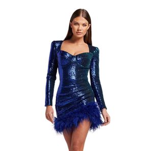 Automne Winter Women Party Robes Sexy Bodycon Clubwear Feather Feather Long manche ￠ manches ￠ manches ￠ fourrure