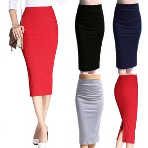 Automne hiver femmes jupe crayon taille haute coton couleur unie Stretch élastique mince affaires OL fendu jupes moulantes dg88 210310