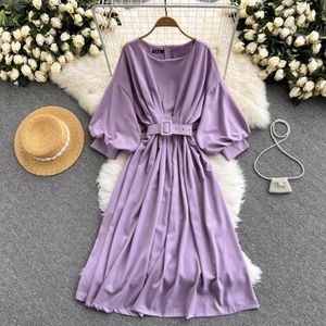 Robe longue avec ceinture pour femme, violet/rouge/bleu, élégante, col rond, manches bouffantes, taille haute, ligne a, nouvelle collection automne hiver 3/4, 2022