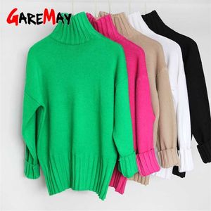 Otoño Invierno mujer suéter verde tejido suave cálido básico Casual punto blanco cuello alto suéter mujer Jumper cuello alto 211215