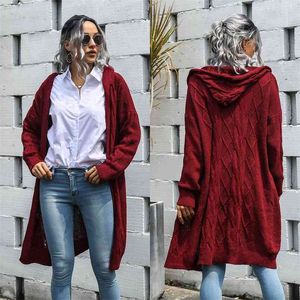 Herfst Winter Dames Gebreide Trui Vesten Mode Casual Lange Hooded Sweater Linnen Bloem Kleur Coat Cardigan Vrouwen 210508