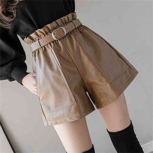 Automne hiver femmes en cuir Shorts taille haute élastique a-ligne noir marron élégant Pu bas jambes larges femme pantalon 210714