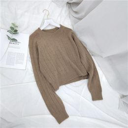 Herbst Winter Damen Pullover Koreanischer Stil Reine Farbe Kurze Strickpullover Rundhalsausschnitt Damen Top LL288 210506
