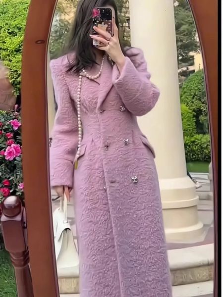 Automne Winter Femmes S épaisseur chaud 2023 Fashion Purple Double Breasted Tweed Suit Veste Femme Loose Long Coat 231227