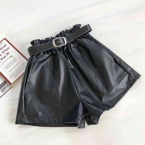 Herfst Winter Dames Broek Koreaanse Effen Kleur Elastische Taille Casual Broek Slanke Wide-Leg Leather Short LL519 210506