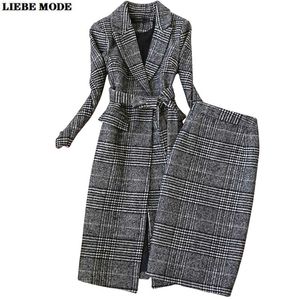 Herfst Winter Dames Wollen Plaid Pakken Lange Trenchcoat Met Knielengte Rokken Pak Koreaanse Formele Werkkleding outfits 220221