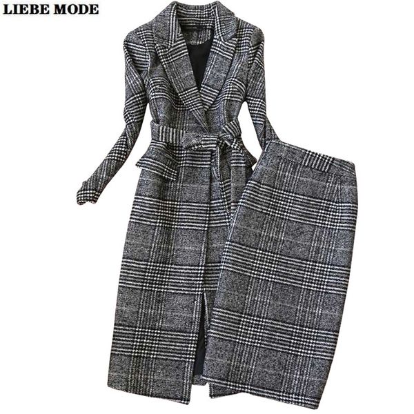 Automne hiver femmes laine à carreaux costumes d'affaires long trench-coat avec jupes au genou costume coréen formel vêtements de travail tenues 220302