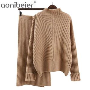 Automne hiver femmes ensemble taille haute tricoté jupe mi-longue et pull épaissir pull chaud 2 pièces Famale 210604