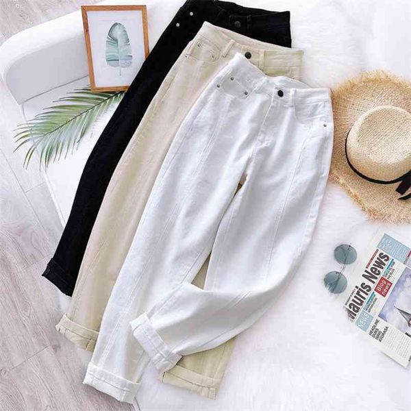 Automne Hiver Femmes Simple Blanc Taille Haute Casual Sarouel Radis Jeans Lâches Avec Ceinture Gratuit 210527