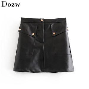 Herfst Winter Vrouwen Rok PU Lederen Mini Met Zakken Sexy Dames Zipper Potlood Pakket Heup Short S 210515