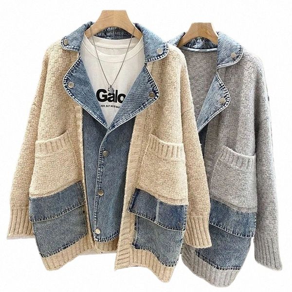 Automne hiver femmes épissage Denim veste arrivées cousu lâche épaissi tricoté pull manteau Lg manches Cardigan haut d5SE #