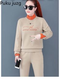 Autumn Winter Women Sports Tracksuis Brossed Pullover Shirt High-Neck Pocket Pantic Panter Woman Running Clothing Two Piece Sets