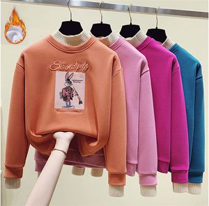 Sweat-shirt à manches longues et demi-col roulé pour femme, manteau avec lettres brodées, dessin animé coréen, hauts, automne et hiver