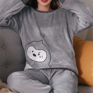 Automne Hiver Femmes Doux Pyjama Ensembles À Manches Longues Haut Et Pantalon Panda Imprimer Mignon Corail Polaire Chaud Vêtements De Nuit Girly Doux Pyjamas 211112