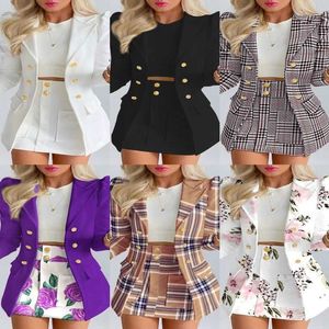 Herfst Winter Vrouwen Trainingspakken Gedrukt Blazer Office Lady Business Dames Temperament Slanke Korte Rok Tweedelig Pak 2 Stuks Vrouw kleding