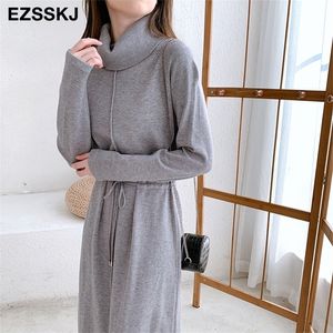 herfst winter vrouwen coltrui losse lange trui jurk robe gebreide truien trekstring jurk vrouwelijke oversized maxi jurk 201008