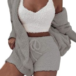 Herfst winter vrouwen tweedelige broek sexy warm fuzzy fleece 3 stuk outfits pyjama sherpa jas uitloper en spaghetti riem crop top shorts set