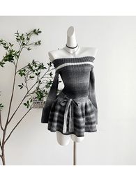 Herfst Winter Vrouwen Vintage Koreaanse Lange Mouw Avond Slash Hals Gebreide Jurk Party Gyaru Mini Ruches Romantische Jurken 231228