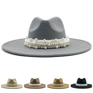 Herfst winter vrouwen grote brede rand hoed met parel riem imitatie wol voelde fedora hoeden jazz Panama cap sunhat fashion caps groothandel