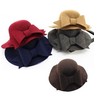Herfst winter vrouwen wol vilt fedoras met boog mode dames meisjes brede arm hoeden caps vintage koepelzon top hoeden GH-154