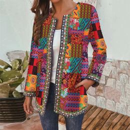 Automne Winter Womens Boho Cardigan Fashion Retro Print Jacket Veste Vintage à manches longues Loose avec poches Chic Top 240412