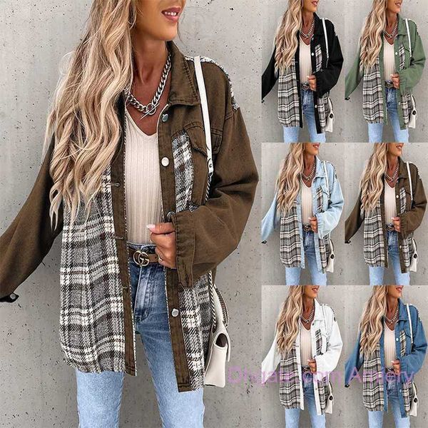 Chaqueta vaquera de otoño e invierno para mujer, abrigos de manga larga, camisa con botones a cuadros para mujer, chaquetas, abrigo superior de mezclilla