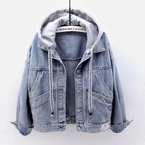 Automne hiver femmes à la mode à capuche Denim veste courte poche décontracté sweats à capuche Jean manteau 240229