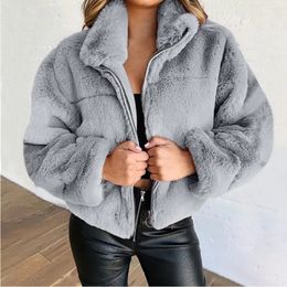 Automne hiver femmes fausse fourrure cardigan à fermeture éclair en peluche manteau chaud grande taille femme solide en vrac court épaissir veste revers vêtements d'extérieur 240124