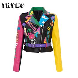 Autumn Winter Dames PU Leather Jacket Belt Slim Rapel Short Coat Fashion Color Graffiti High Street Motorcycle Blazer 240423