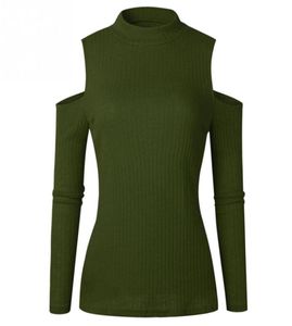 Otoño Invierno suéter para mujer camisas cuello alto tejido recortado hombro descubierto Tops verde rojo albaricoque gris negro 4620646