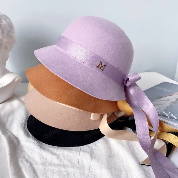 Otoño Invierno lana cinta bowknot ocio dama cubo gorra mujeres pescadores sombrero