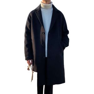 Manteau en laine pour hommes, ample, mi-long, au-dessus des genoux, Business britannique, simple boutonnage, coupe-vent en coton, automne/hiver