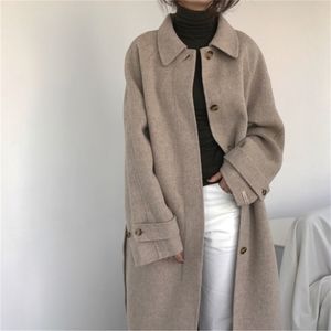 Manteau de laine automne hiver avec ceinture col rabattu simple boutonnage vestes de couleur unie femmes vêtements d'extérieur décontractés pardessus plus taille T200315
