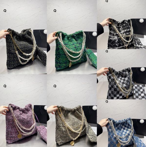 Automne hiver laine femmes sacs à provisions fourre-tout grande capacité concepteur sac à ordures mode paillettes treillis sac à main chaîne de perles femmes sac à bandoulière unique