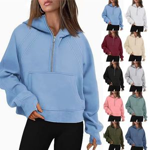 Automne Hiver Yoga Costume Plongée À Capuche Demi Zip Femmes Sport Lâche Gym Veste Fitness Court Manteau En Peluche Sweat À Capuche Pull Femmes Lâche Cardigan Jacet