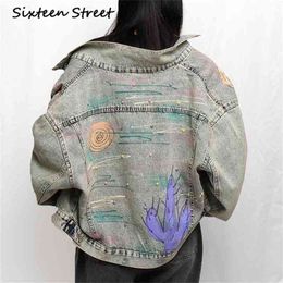 Herfst vrouw denim jasje vriendje stijl cactus gedrukt kralen losse vintage blauwe jas vrouw straatkleding 210603