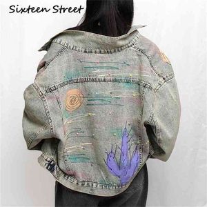 Automne Femme Denim Veste Boyfriend Style Cactus Imprimé Perles Lâche Vintage Bleu Manteau Femme Street Wear 210603