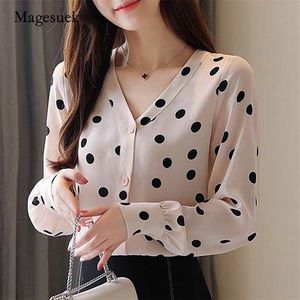 Herfst Dames Cardigan Blouse V-hals Polka Dot Chiffon Tops Office Lady Long Mouw Button Shirts Blusas Mujer 10781 210518