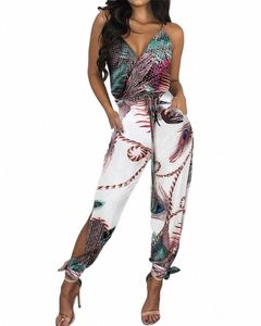 Automne Femmes Casual Sleevel V-Cou Combinaisons Dames Boho Floral Body Lâche Lg Crayon Fente Latérale Pantalon Plus Taille 2024 06vX #