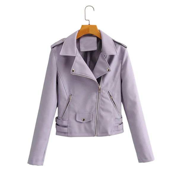 Otoño mujer elegante moda púrpura cinturón lateral chaqueta de cuero remache femenino cremallera bolsillo solapa collar pu chaqueta casual chic abrigo 210520