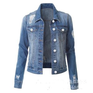 Automne Femme Vêtements Denim Manteau Trous Déchiré Manches Complètes Col Rabattu Poche Simple Boutonnage Décontracté Jean Manteaux Outwear Lady Veste Bleu Noir