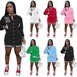 Automne Femmes Designer Baseball Robes À Manches Longues Lettre B Robe Brodée Solide Couleur Élastique Casual Jupe Une Pièce