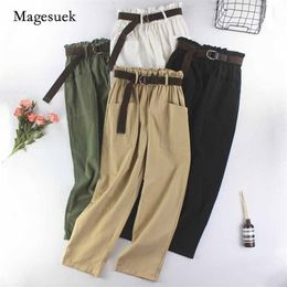 Herfst vrouwen elastische hoge taille broek grote zakken rechte broek met riem enkellengte katoenen vracht spodnie 10658 210518