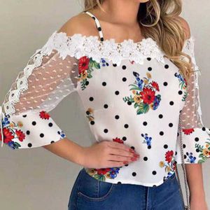 Herfst vrouwen elegante stijlvolle partij top vrouwelijke mode basic casual shirt koude schouder mesh invoegen dots bloemen print blouse 210721