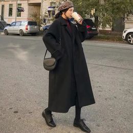 Herbst Frauen Elegante Wollmantel Koreanische Mode Schwarz Alle Spiel Lange Jacke Weibliche Winter Verdicken Warme Lose Mischungen Mantel 240108