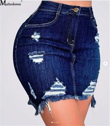 Automne Women Fashion Denim Jupe Ripped Hip en détresse Bouton High Bouton Crayon Femelle Jeans d'été décontractés 240513